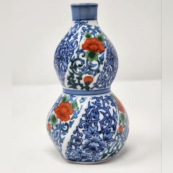 Other - Vintage Japanese Double Gourd Floral Porcelain Bud Vase Panels BlueWhiteRedOrang